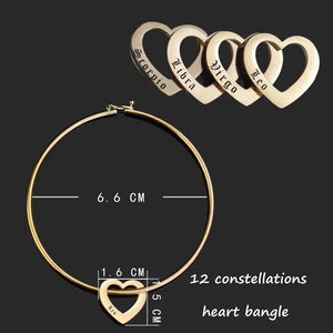 Constellation Engraved Bangle with Heart Charm Bracelet for Women