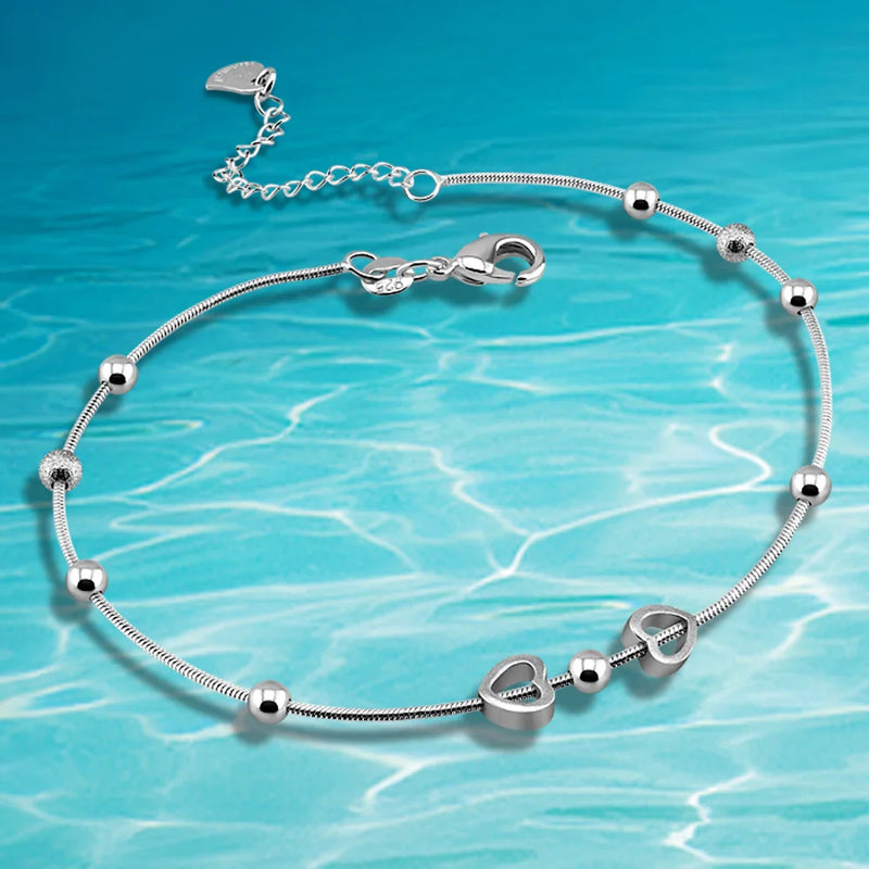925 Sterling Silver Lucky Bead Anklet for Women Lady Heart Leg Jewelry