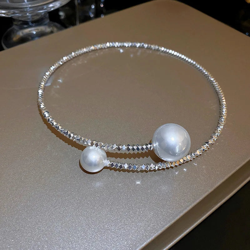 Small Pearl Torques Necklace & Bangle Bracelet Set for Women
