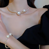 Small Pearl Torques Necklace & Bangle Bracelet Set for Women