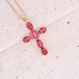 Cross Stone Pendant Necklace Women Natural Crystal Stainless Steel Jewelry