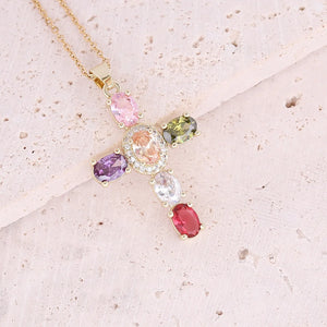 Cross Stone Pendant Necklace Women Natural Crystal Stainless Steel Jewelry