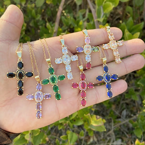 Cross Stone Pendant Necklace Women Natural Crystal Stainless Steel Jewelry