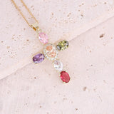 Cross Stone Pendant Necklace Women Natural Crystal Stainless Steel Jewelry