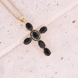 Cross Stone Pendant Necklace Women Natural Crystal Stainless Steel Jewelry