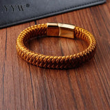 Golden Leather Bracelet Stainless Steel Clasp Men's Bangle
