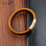 Golden Leather Bracelet Stainless Steel Clasp Men's Bangle