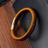 Golden Leather Bracelet Stainless Steel Clasp Men's Bangle