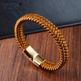 Golden Leather Bracelet Stainless Steel Clasp Men's Bangle