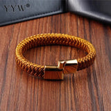 Golden Leather Bracelet Stainless Steel Clasp Men's Bangle