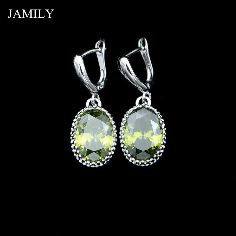 Olive Green CZ Silver 925 Drop Earrings Crown Shaped Jewelry