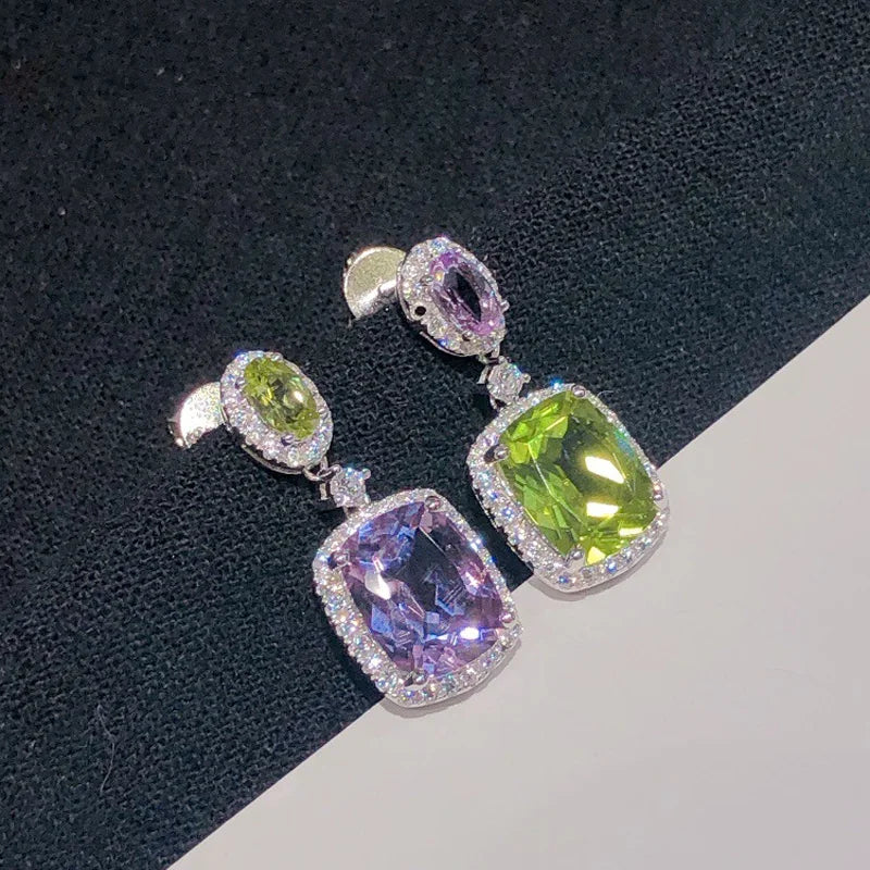 Purple Green Ladies Gemstone Teardrop Crystal 925 Earrings Women Wedding