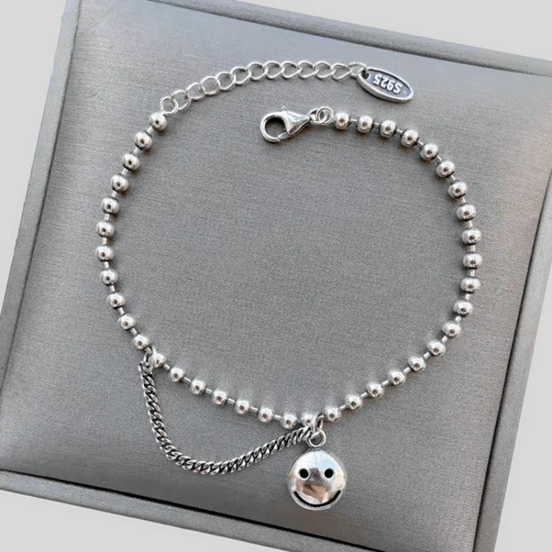 Round Pendant Smiley Bracelets Women Gift Retro Silver Expression