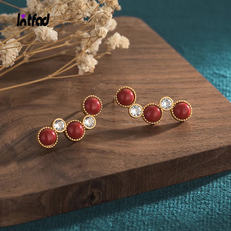 Red Agate Stud Earrings Zircon Inlay Women's Ear Jewelry Gift