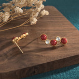 Red Agate Stud Earrings Zircon Inlay Women's Ear Jewelry Gift