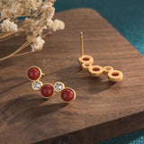 Red Agate Stud Earrings Zircon Inlay Women's Ear Jewelry Gift