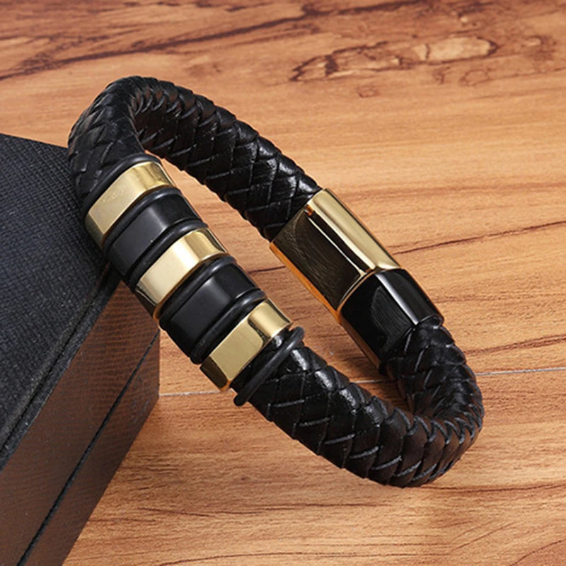 Punk Men's Leather Buddha Bracelet Stainless Steel Wristband