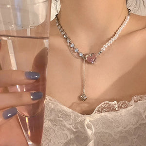 Pink Heart Crystal Pendant Necklace for Women, Y2K Jewelry Gift