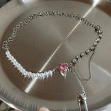 Pink Heart Crystal Pendant Necklace for Women, Y2K Jewelry Gift