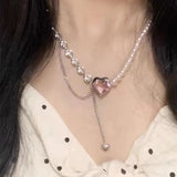 Pink Heart Crystal Pendant Necklace for Women, Y2K Jewelry Gift
