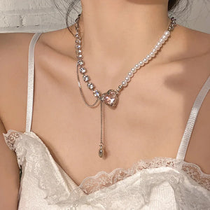 Pink Heart Crystal Pendant Necklace for Women, Y2K Jewelry Gift
