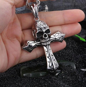 Skull Cross Punk Gothic Pendant Necklace for Men Biker Jewelry
