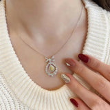 Yellow Cubic Zirconia Pendant Necklace Sparkling Sliver Chain Choker