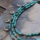 Square Bead Choker Necklace Turquoises Elephant Charms