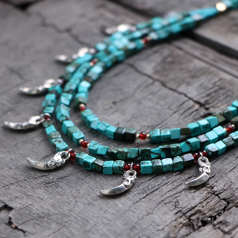 Square Bead Choker Necklace Turquoises Elephant Charms