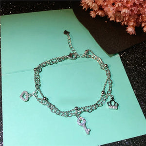 925 Silver Zircon Key Charm Bracelet Plated Crown Dangle - Women's Jewelry