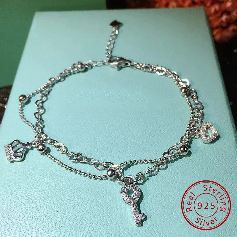 925 Silver Zircon Key Charm Bracelet Plated Crown Dangle - Women's Jewelry