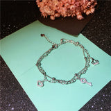 925 Silver Zircon Key Charm Bracelet Plated Crown Dangle - Women's Jewelry