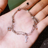 925 Silver Zircon Key Charm Bracelet Plated Crown Dangle - Women's Jewelry
