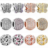 Sparkling Ball Butterfly Love Heart Crystal Charm 925 Silver Beads
