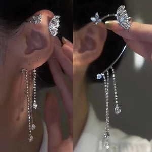 Sparkling Butterfly Tassel Clip Earrings Fine Jewelry Gift