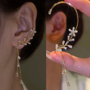 Crystal Flower Ear Cuff Tassel Clip Earrings Wedding Jewelry