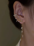 Crystal Flower Ear Cuff Tassel Clip Earrings Wedding Jewelry