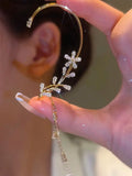 Crystal Flower Ear Cuff Tassel Clip Earrings Wedding Jewelry