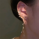 Crystal Flower Ear Cuff Tassel Clip Earrings Wedding Jewelry