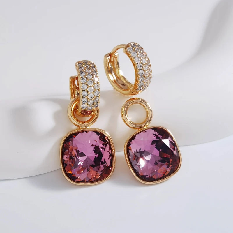 Square Pendant Hoop Earrings with Austrian Crystal