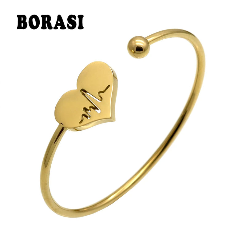 Stainless Steel Heart Carved Electrocardiogram Charm Bracelet