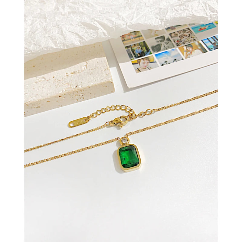 Stainless Steel Zirconia Pendant Necklace Green Charm Gift