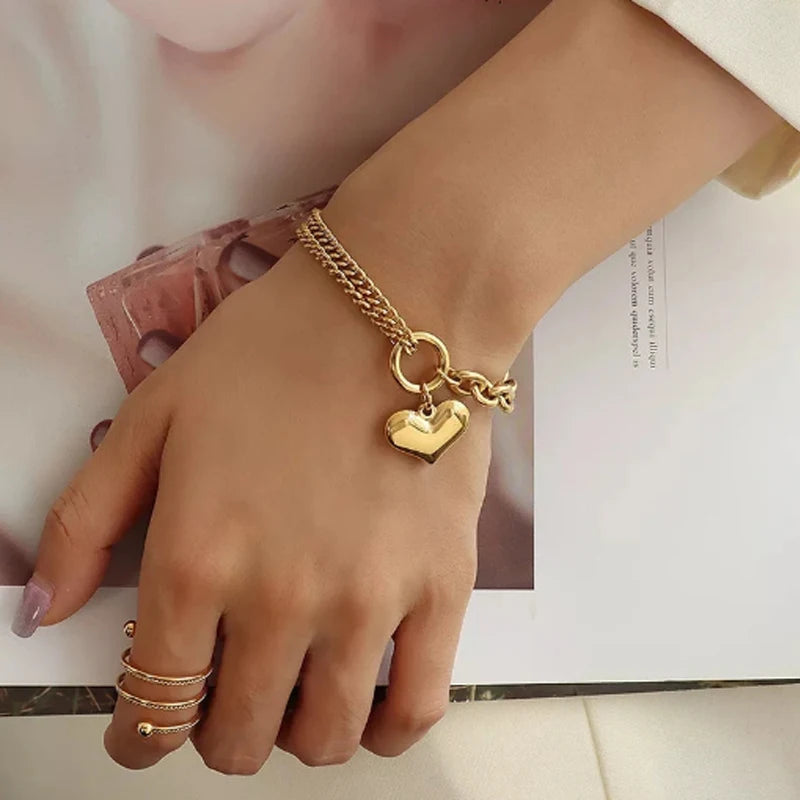 Vintage Stainless Steel Heart Charm Bracelet for Women