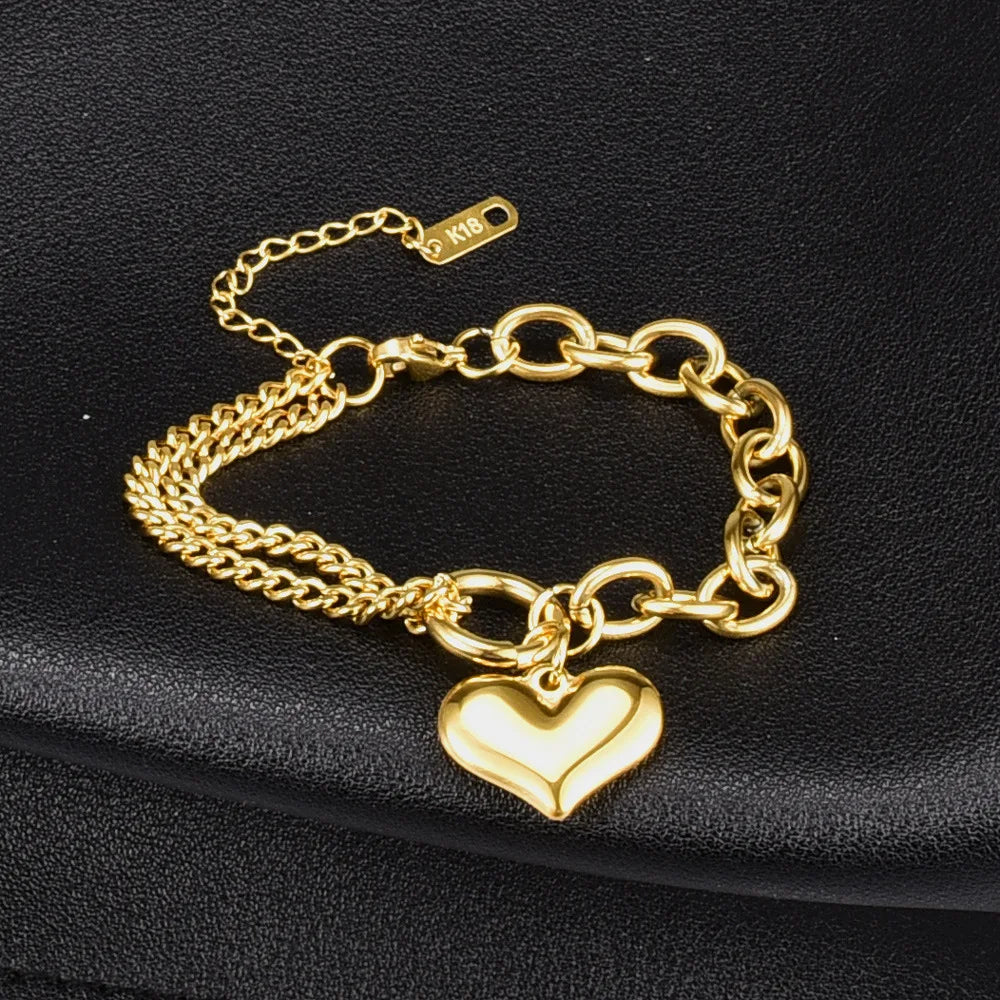 Vintage Stainless Steel Heart Charm Bracelet for Women
