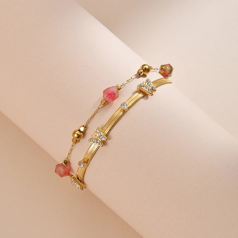 Red Polygonal Bead Butterfly Chain Bracelet