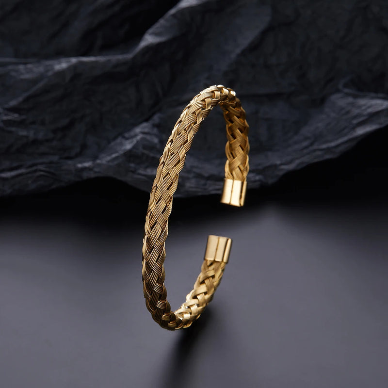 Stainless Steel Men Cuff Bracelet Bangle Retro Crystal Braided Jewelry Gift