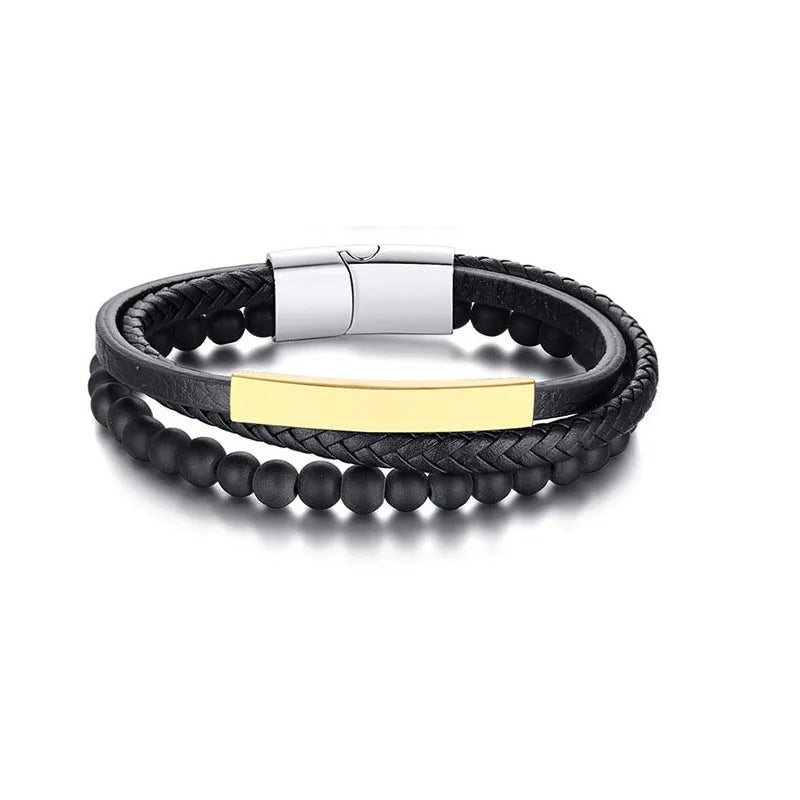 Stainless Steel Mens Bracelet Leather Bead Male Gift