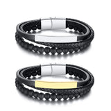 Stainless Steel Mens Bracelet Leather Bead Male Gift