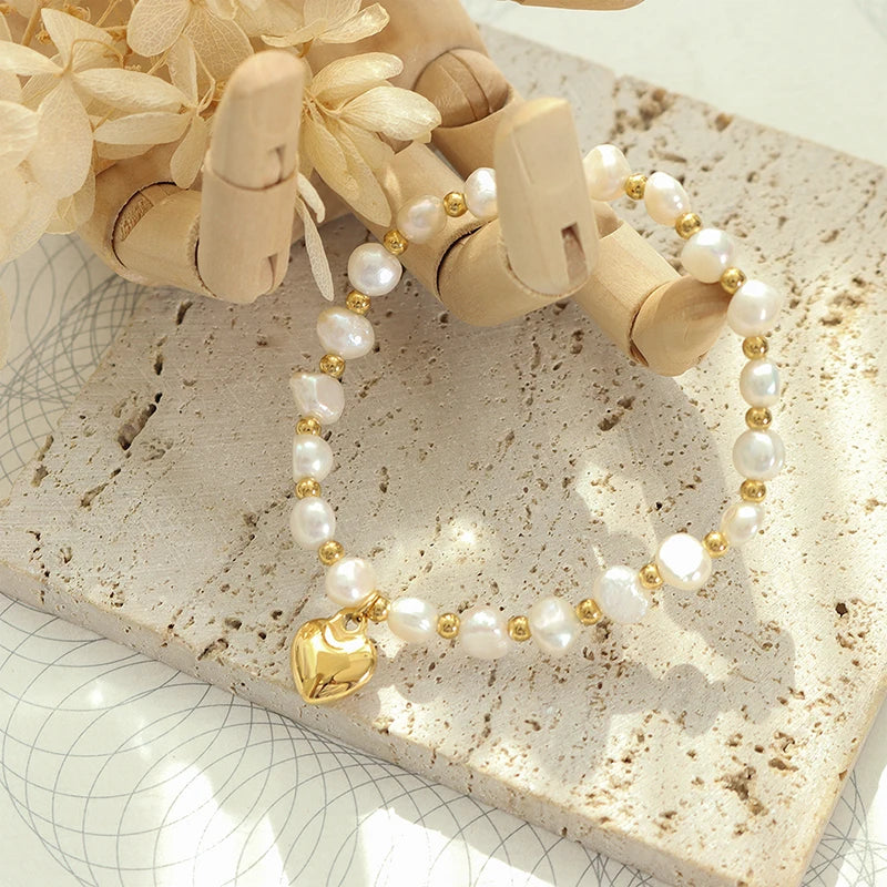 Multilayer Pearl Bracelets For Women Heart Pendant Charm Thick Chain Bangles