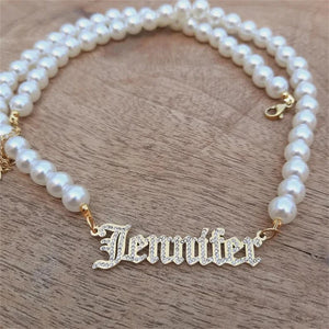 Custom Name Necklace with Pearl Beads for Women